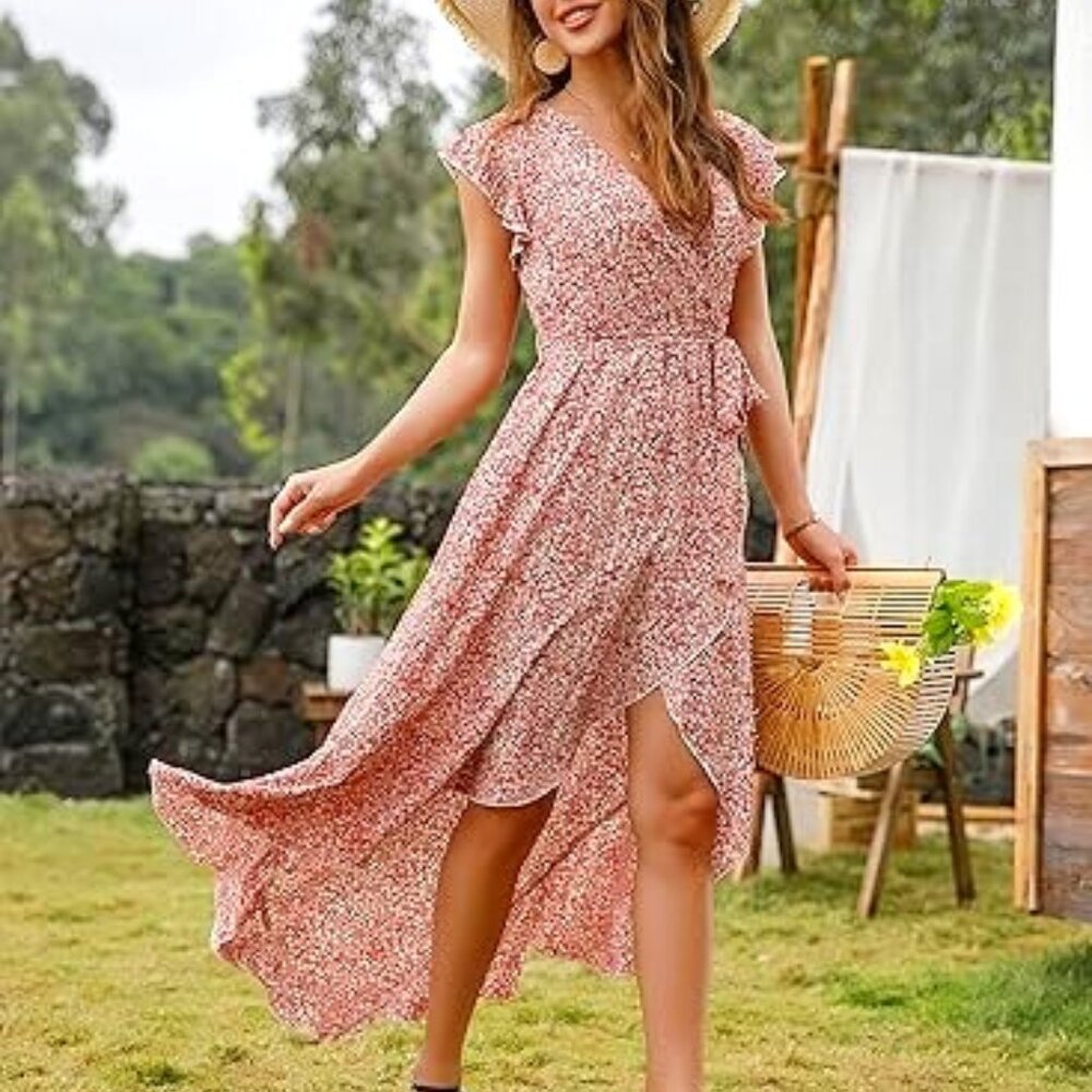 BOHO V-NECK HIGH-LOW FLORAL PRINT FAUX WRAP SUMMER MAXI DRESS  SIZE SMALL NWT